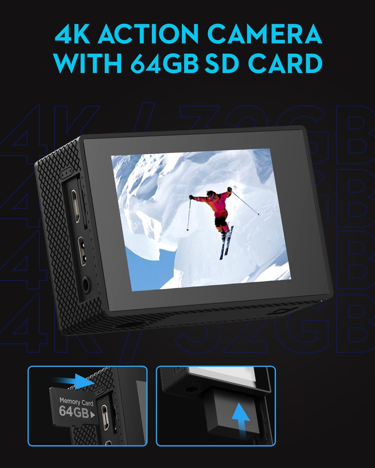 Action Camera 4K30fps with 64G SD Card,HD Waterproof Camera 131ft Underwater Cameras 20MP Pre-recording WiFi Camera 170° Remote Control Sports Cameras with 2 Batteries Helmet Mount Accessories Kits