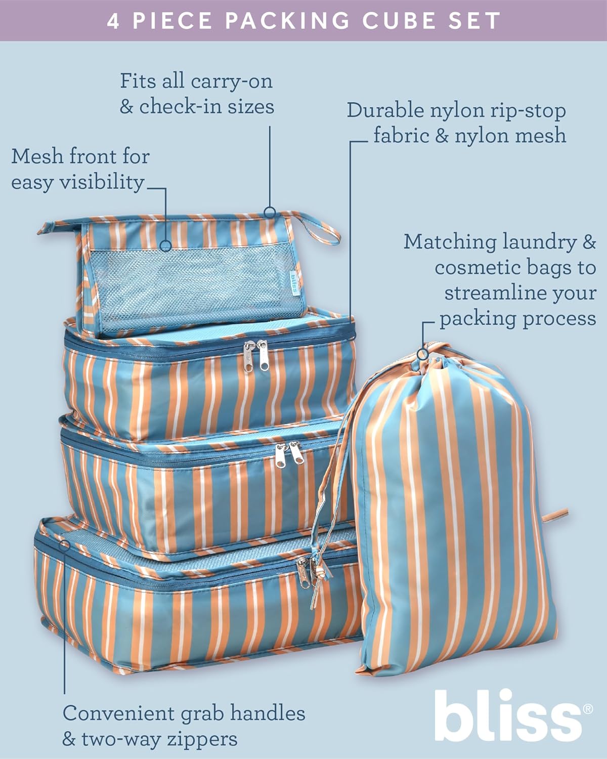 Bliss Travel Packing Cubes - 3 Pack/4 Pack/5 Pack Compact Suitcase Organizer, Durable Mesh Front Travel Cubes for Packing, Organizer Bags for Clothes, Toiletries, Cosmetics, Laundry, 5PCAmalfiVibes