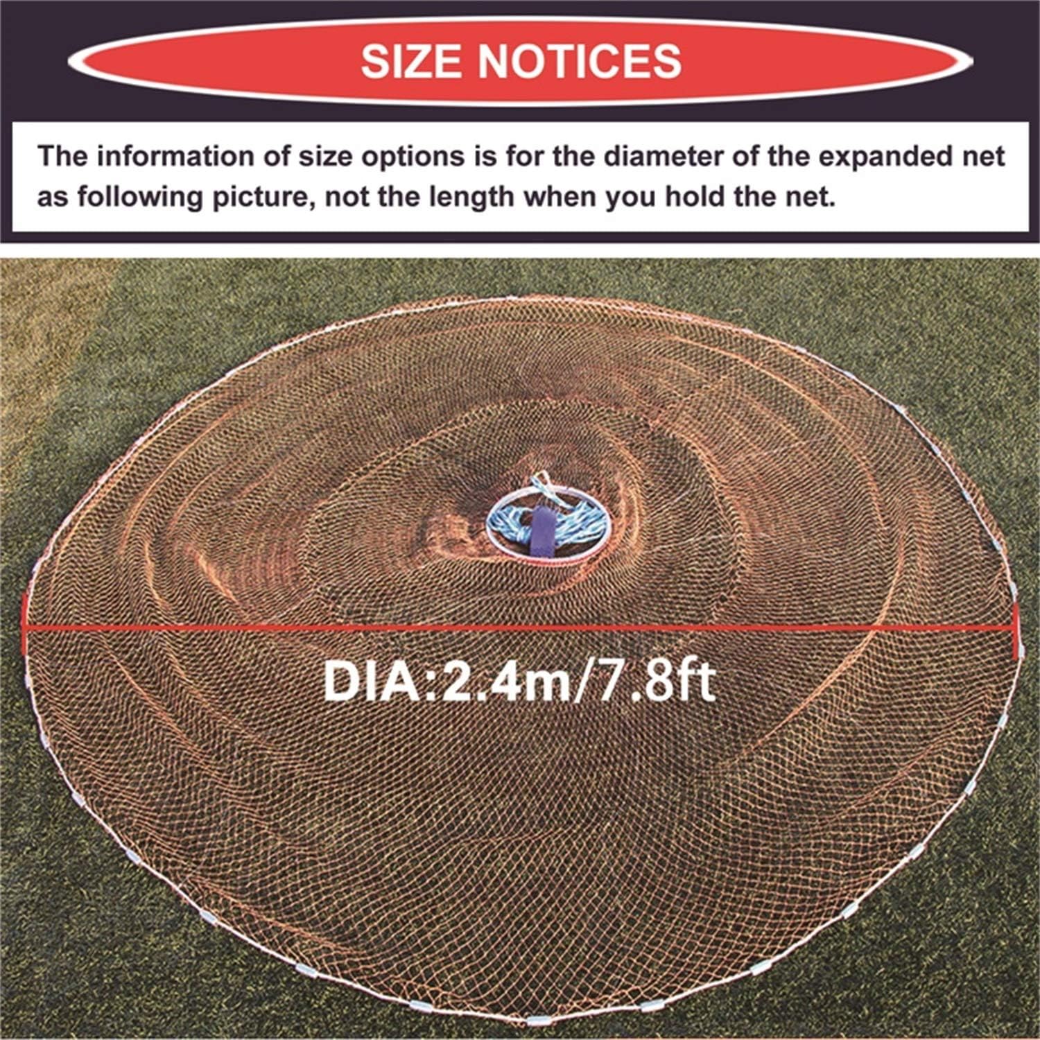 Cast Fishing Net with Aluminum Frame, 0.8 inch Mesh, 7.8-13.8 ft Diameter