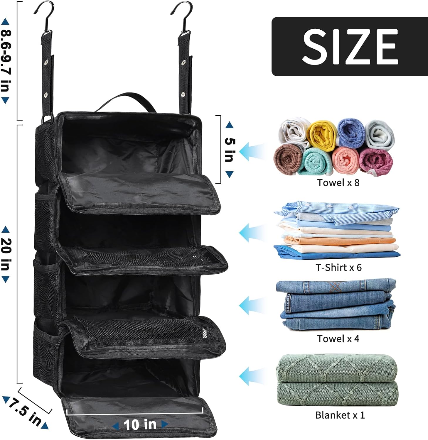 esouler Suitcase Organizer - Hanging Packing Cubes & Portable Travel Shelves for Carry-on (Black, Small)