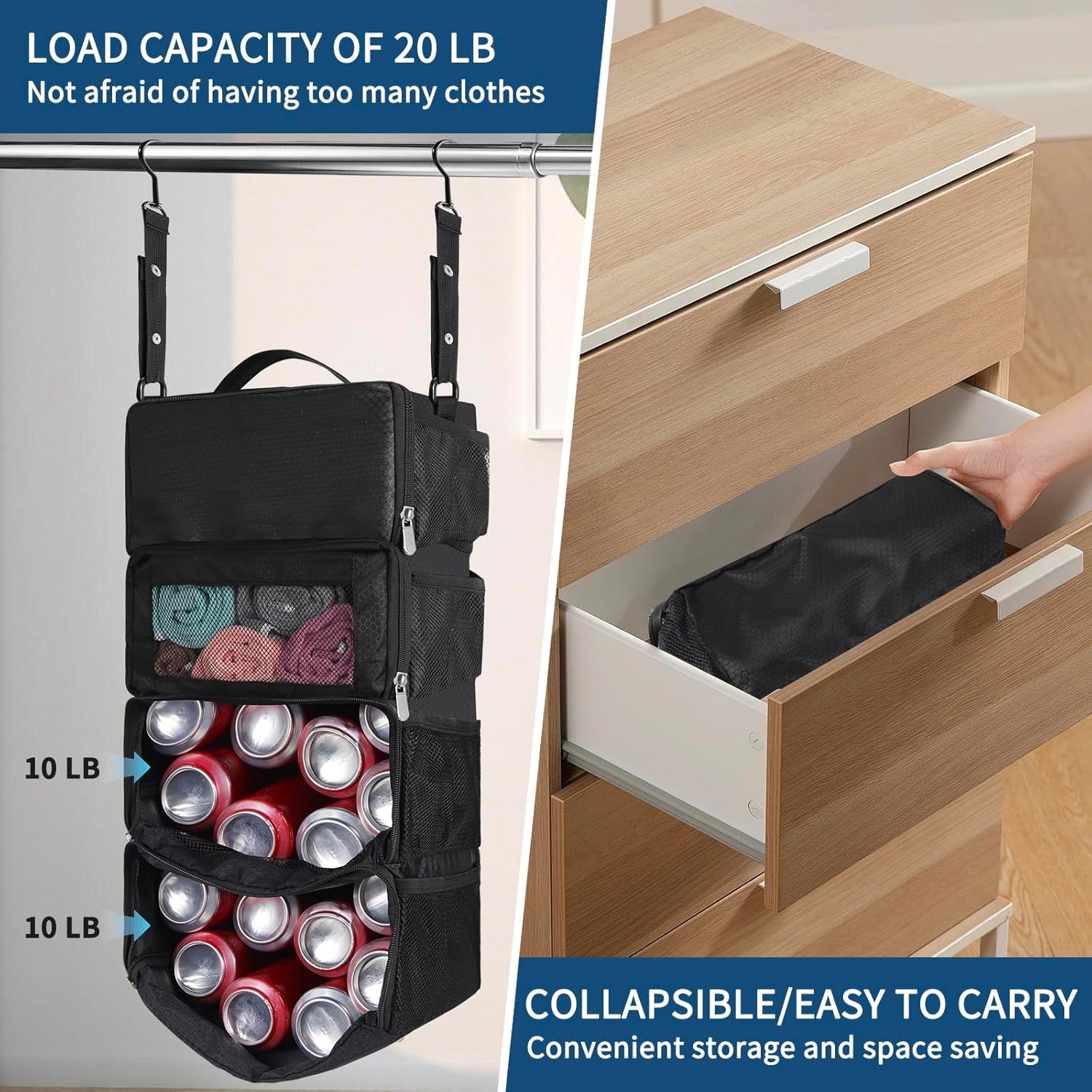 esouler Suitcase Organizer - Hanging Packing Cubes & Portable Travel Shelves for Carry-on (Black, Small)