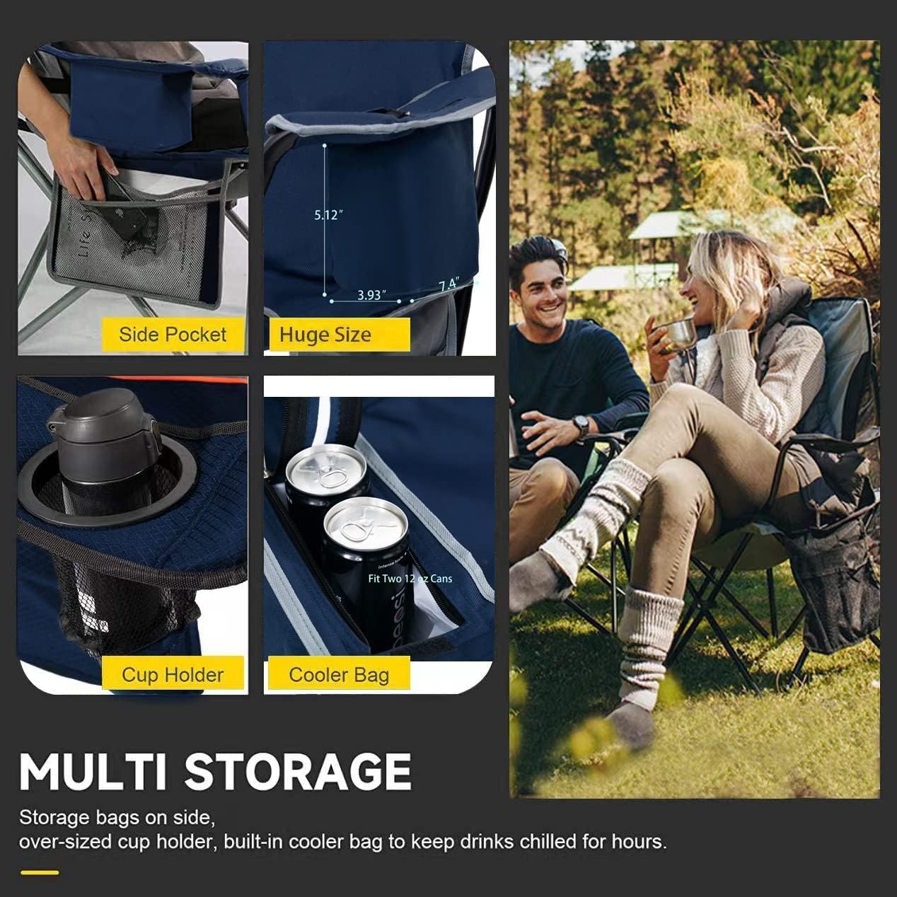 FAIR WIND 2 Pack Oversized Fully Padded Camping Chair with Lumbar Support, Heavy Duty Cooler Bag Fold Chair Support 450 LBS, Blue Green