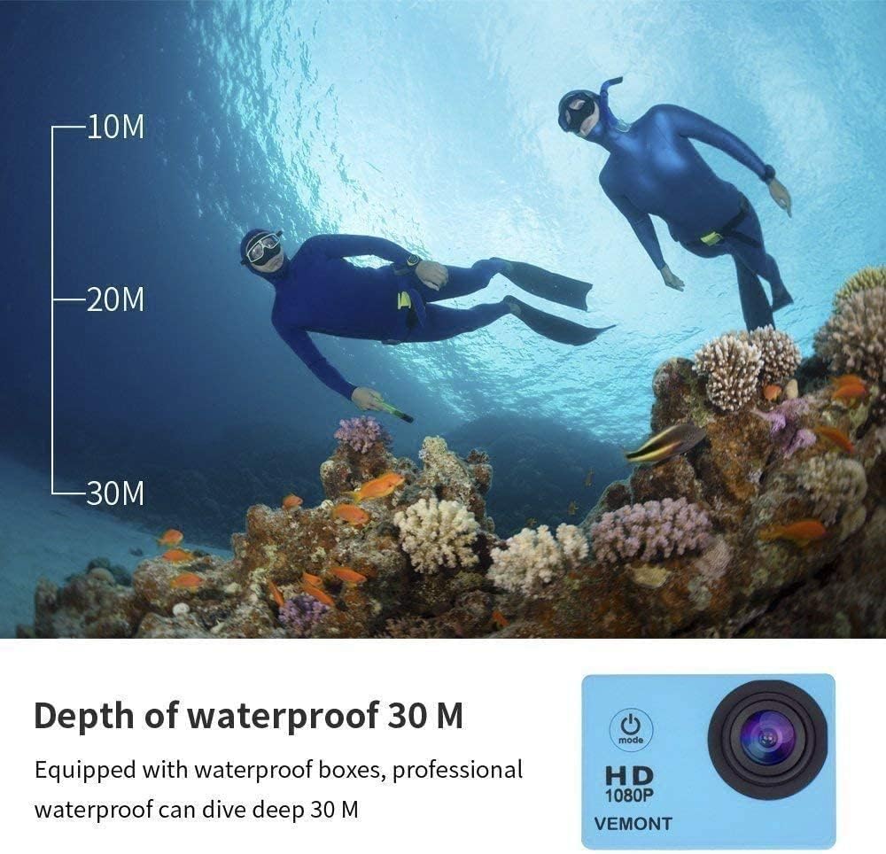 VEMONT Action Camera, 1080P 12MP Sports Camera Full HD 2.0 Inch Action Cam 30m/98ft Underwater Waterproof Camera with Mounting Accessories Kit