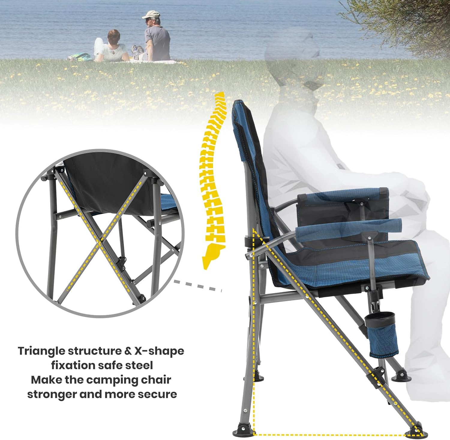 XGEAR Camping Chair with Padded Hard Armrest, Sturdy Folding Camp Chair with Cup Holder, Storage Pockets Carry Bag Included, Support to 400 lbs