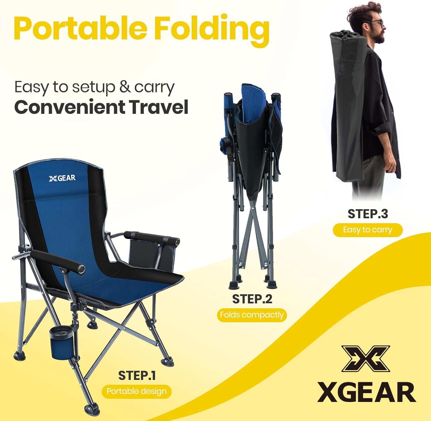 XGEAR Camping Chair with Padded Hard Armrest, Sturdy Folding Camp Chair with Cup Holder, Storage Pockets Carry Bag Included, Support to 400 lbs